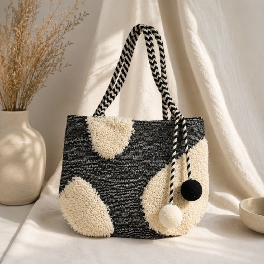 Natalia Tannenbaum Tufted Woven Tote Bag Artisan Boho Pom Pom Neutral